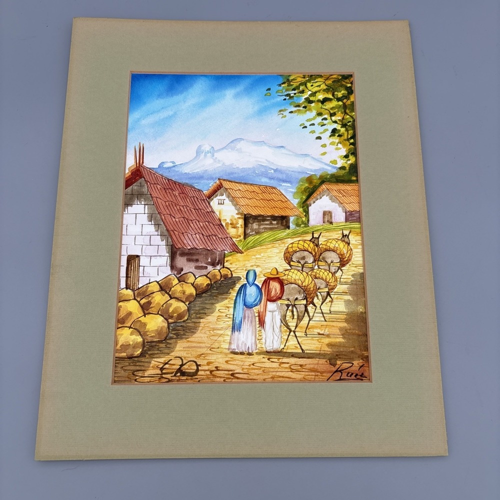 Vintage Latin American Folk Art Signed Original Rural Village  9.75"x7" Painting